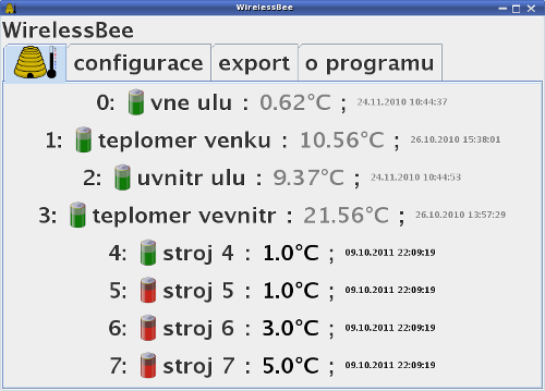 program WirelessBee zobrazení teplot